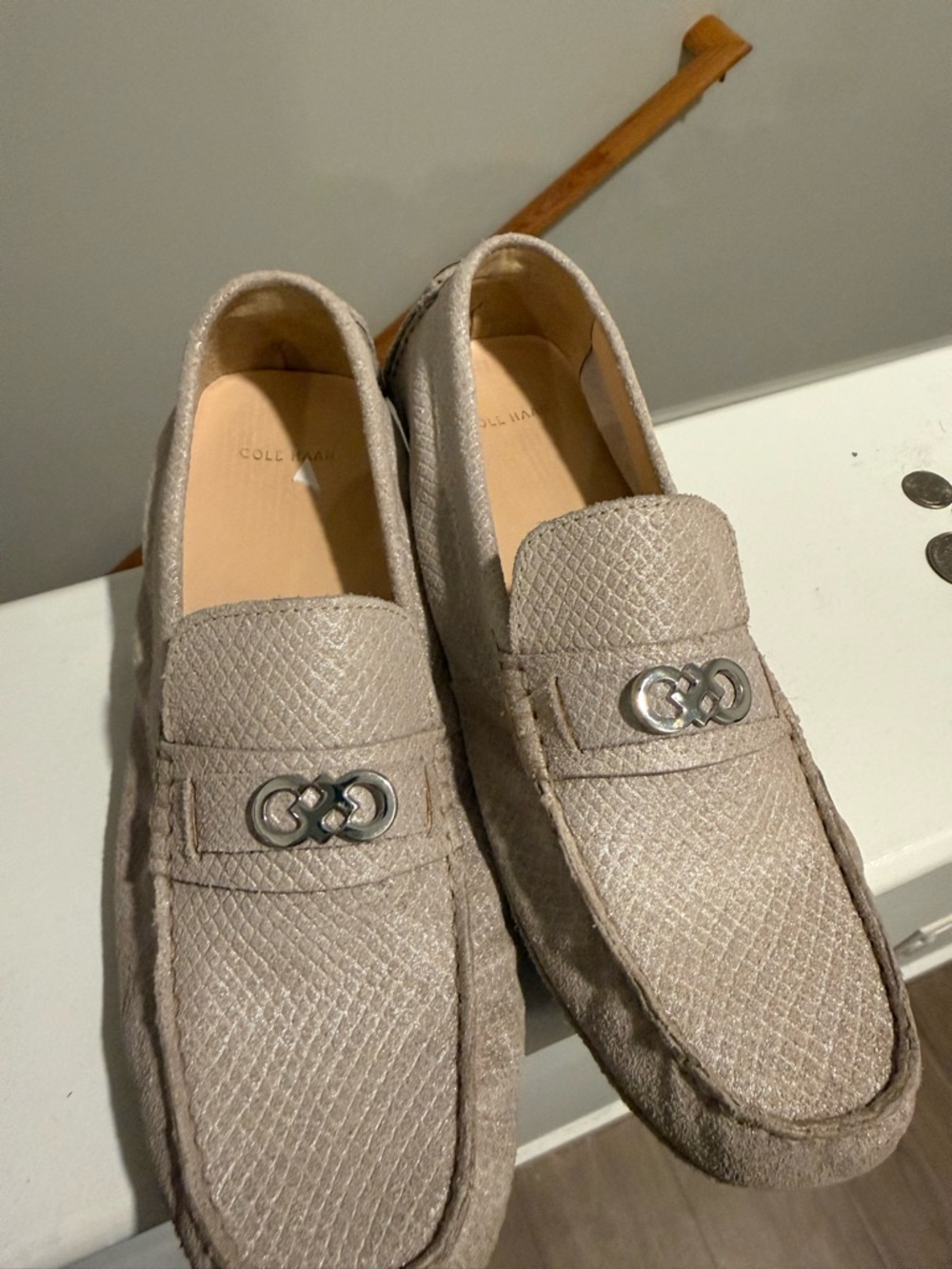 Cole Haan Men's Taupe Textured Slip-On Loafers with Silver Hardware